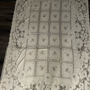 Vintage Quaker Lace Tablecloth Taupe Ivory Floral Panel Cotton Picots Nottingham